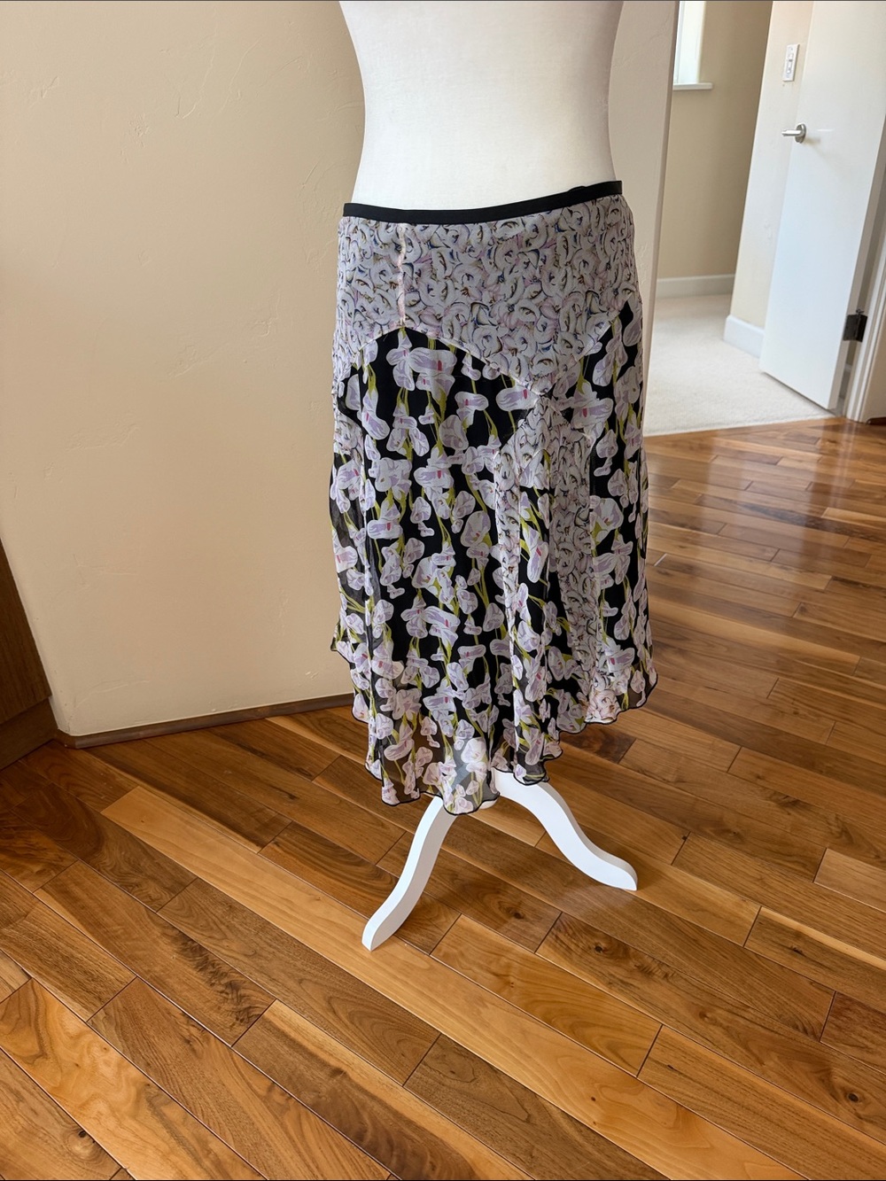 Black Floral Midi Skirt with Lavender Accents